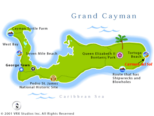Map of Grand Cayman showing Cayman del Sol